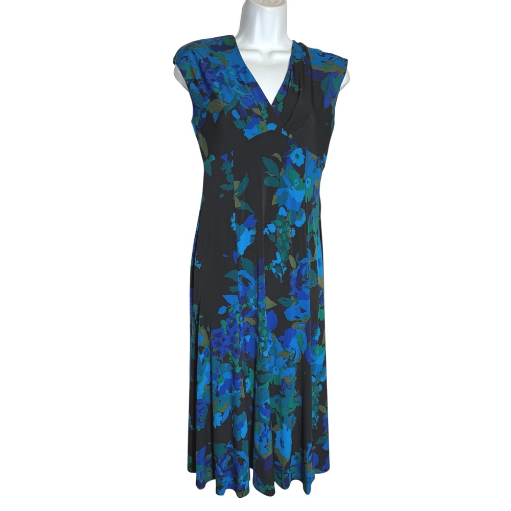 Jones New York Dress Size 4 Blue Floral V Neck Long Dress PERFECT 💙🖤💙
